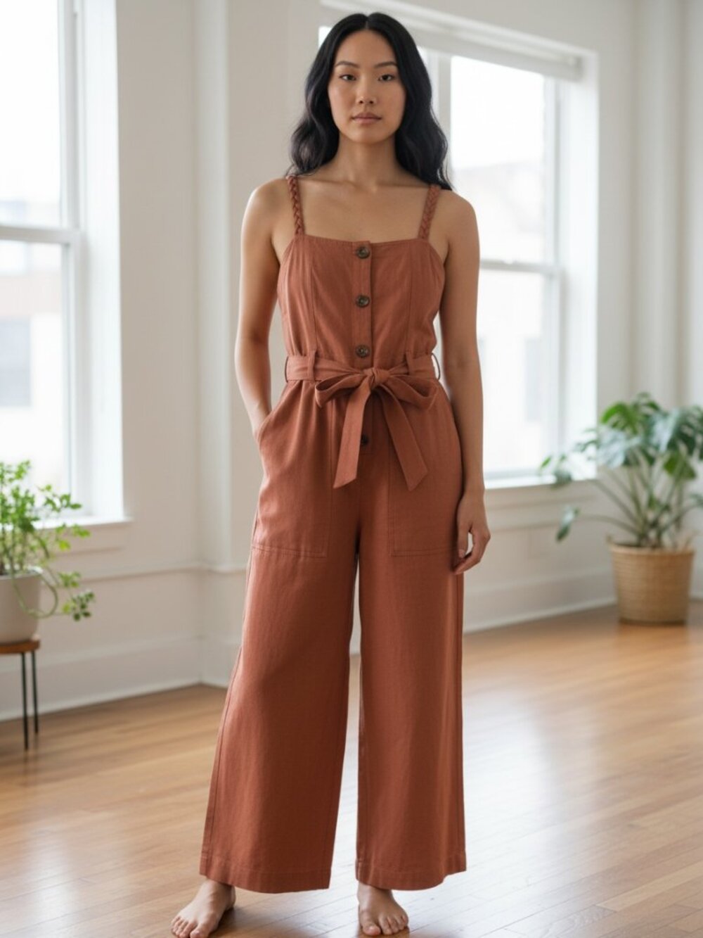 Storia Rust Braided Strap Tie Waist Wide Leg Cotton Utility Jumpsuit size S